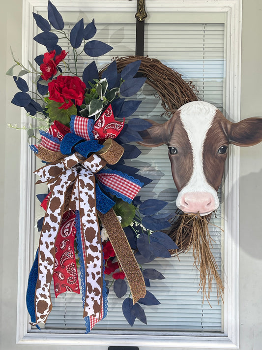 Rustic Farmhouse Cow Wreath – Red, White & Blue Country Charm