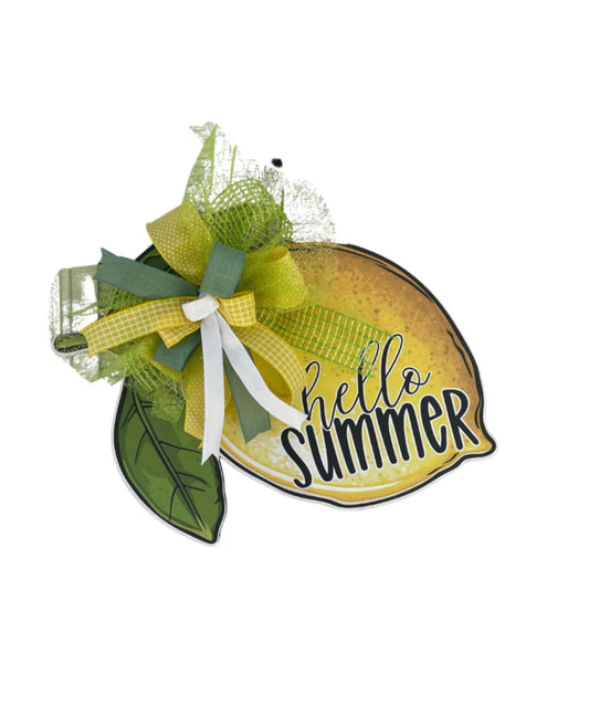 Hello Summer Lemon Door Hanger | UV Printed Wooden Sign with Bow | Summer Front Door Decor | Lemon Wreath Alternative