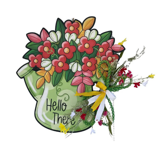 Hello There Watering Can Door Hanger | Spring Welcome Sign | Floral UV Printed Door Decor | Handmade with Wildflower Accent Bow